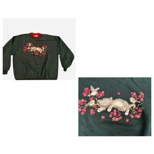 Vintage 80s/90s Morning Sun Sweatshirt Cozy Cat Kitty Sleeping Flowers & Birds